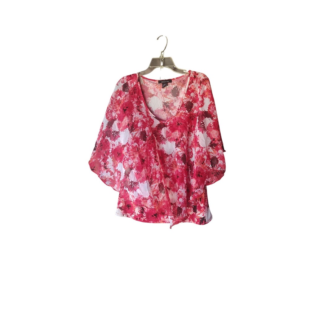 Adele & May Womens XL Red Pink Floral Layered Flutter Sleeve Blouse 10740C